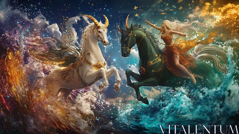Mythical horned horses in turbulent celestial seascape.
