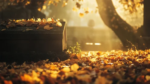 Autumn leaves covering grave in warm evening cemetery light.