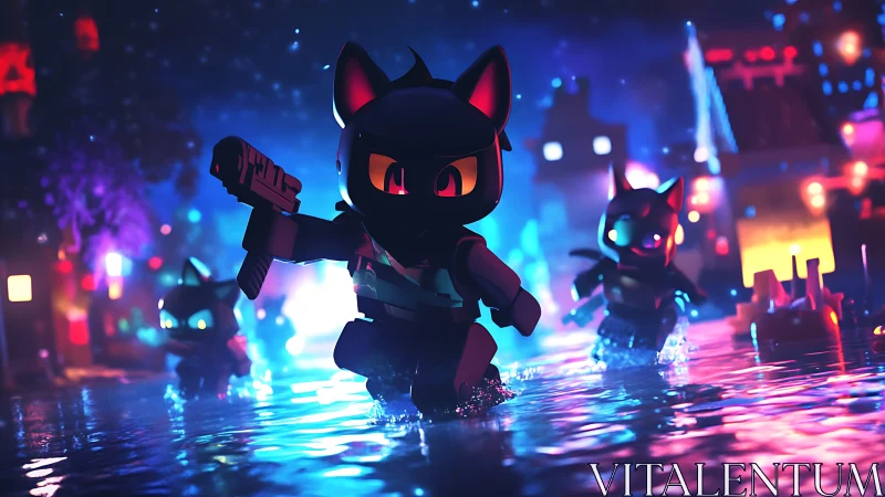 Night-slicked cyber kitty ninjas sprint through neon puddles