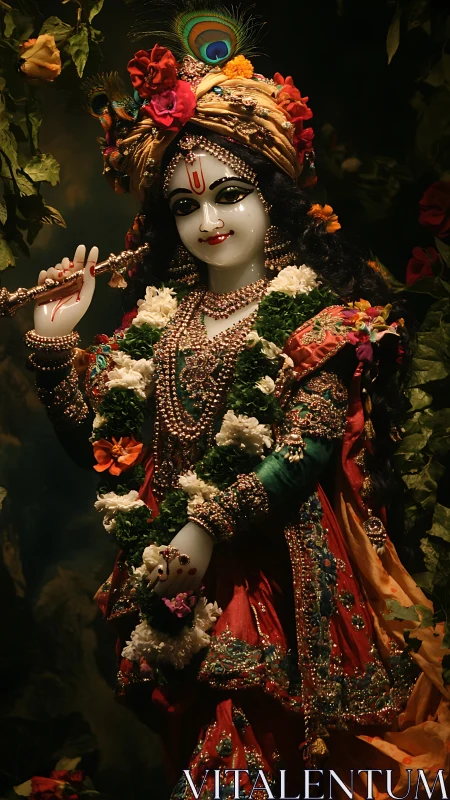 Photorealistic deity portrait with ornate floral adornment.