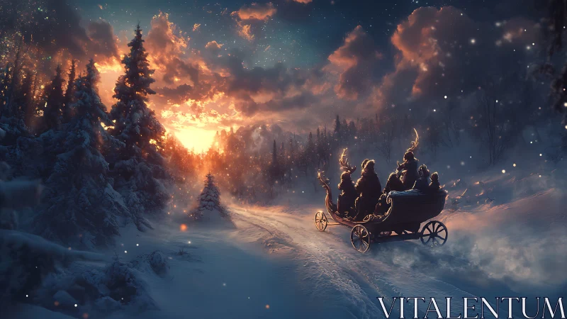 Horse-drawn sleigh traverses luminous snow trail at sunset