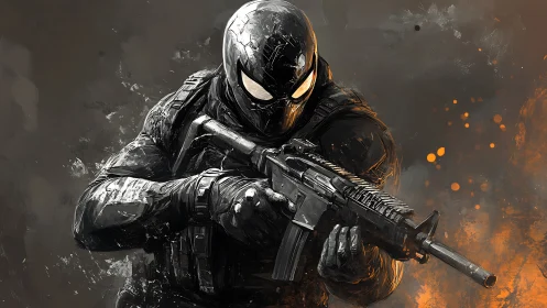 Shadow-clad futuristic warrior steps forward with bold focus.