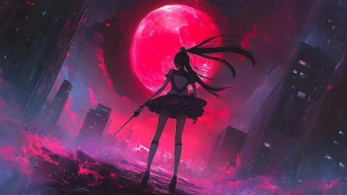 Silhouetted anime girl confronts red moon above burning city