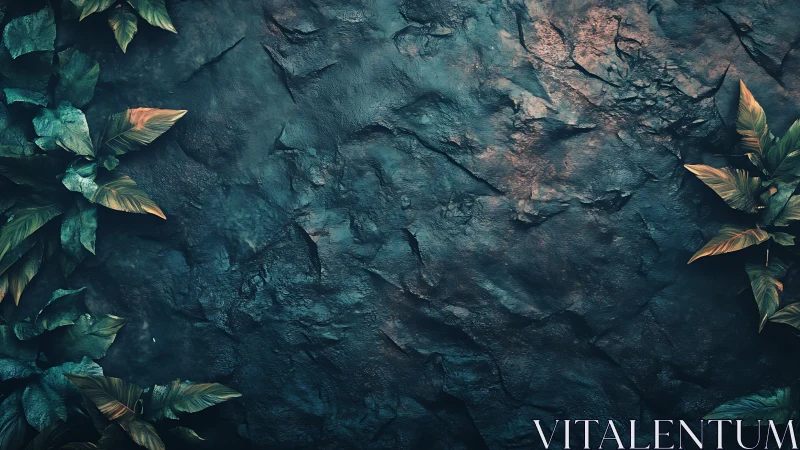 Textured stone wall frames lush foliage with cinematic lighting