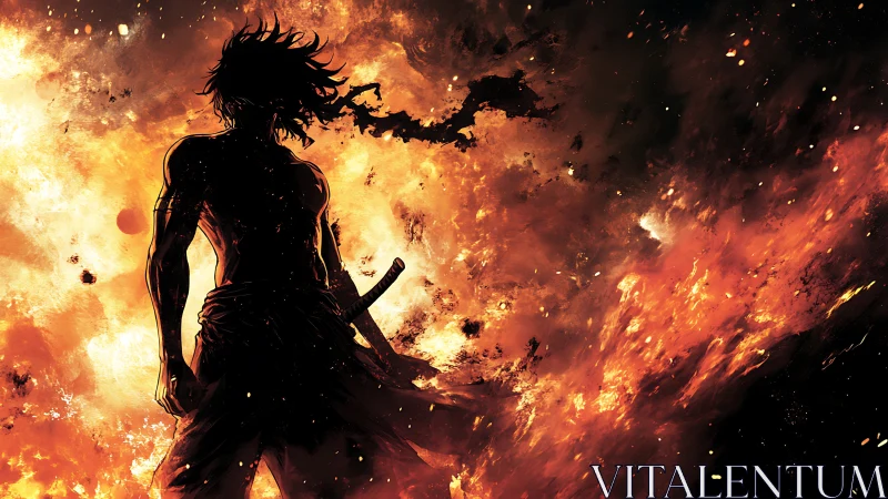 Lone warrior outlined in roaring orange and ember-bright fire.