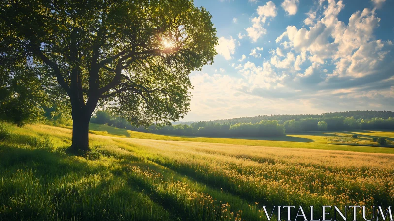 Backlit oak tree dominating luminous agrarian meadowscape.