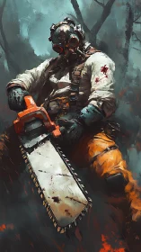 Gas-masked figure grips bloodstained chainsaw in smoky forest