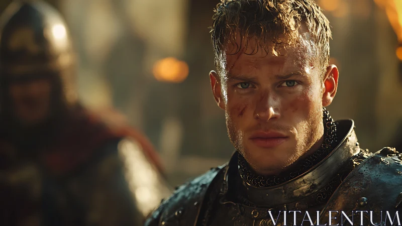 Armored soldier with dirt-marked face in battle setting.