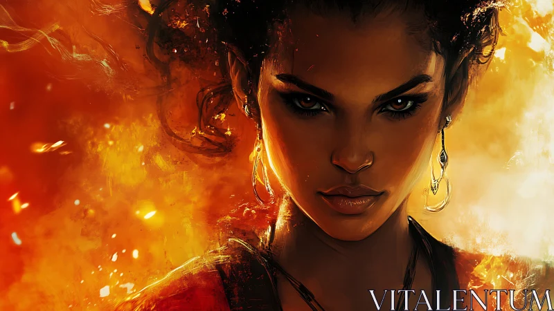 Digital painting portrait with fiery chromatic contrast focus.