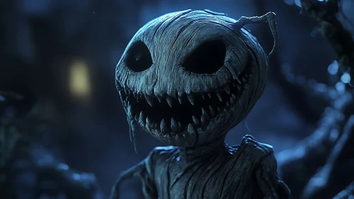 Night forest creature smiles with a haunting wooden grin