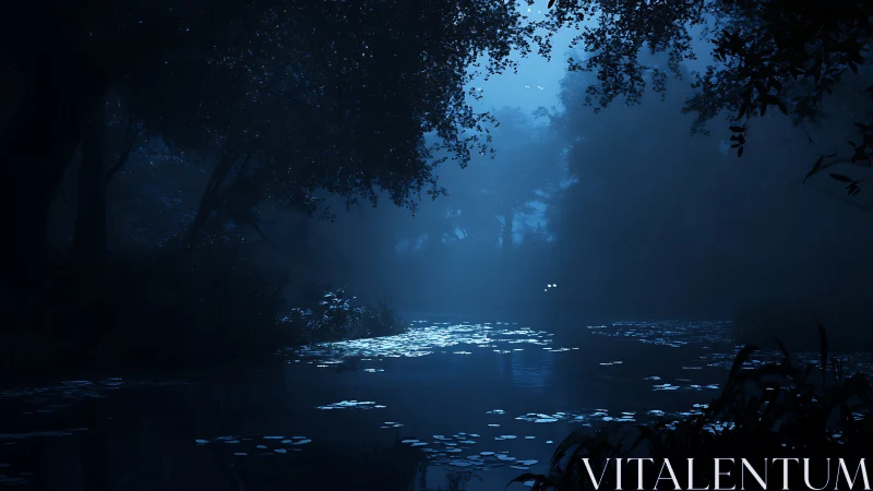 Moonlit forest pond draped in quiet midnight blue mystery.