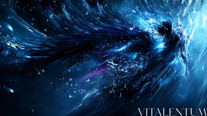 Cosmic blue energy being shattering into fluid light forms.