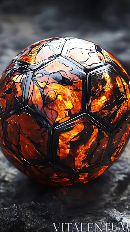 Luminous segmented sphere rests on textured rocky surface