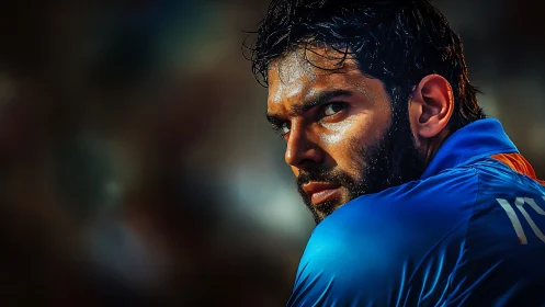 Intense male athlete portrait in blue sports jersey.