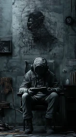 Solitary operator studies data in a bleak cyberpunk bunker.