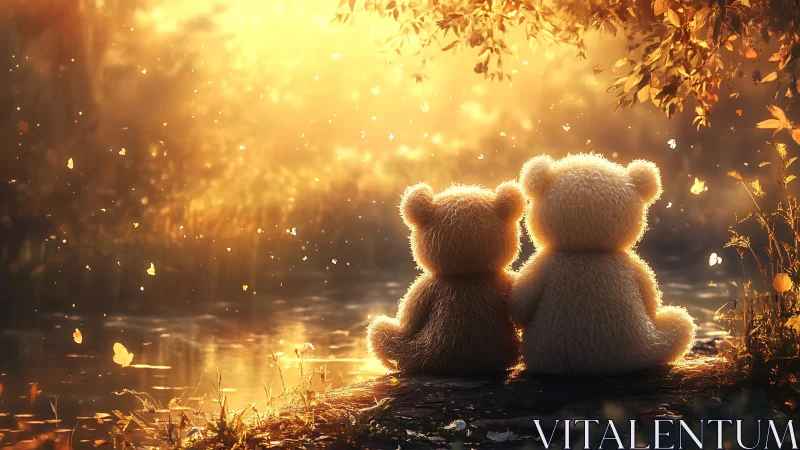 Two plush bear figures sit beside a reflective forest pond