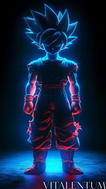 Glowing anime warrior stands strong in neon blue and red light