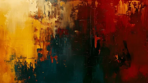 Bold Abstract Painting with Fiery Red and Golden Yellow Brushstrokes.
