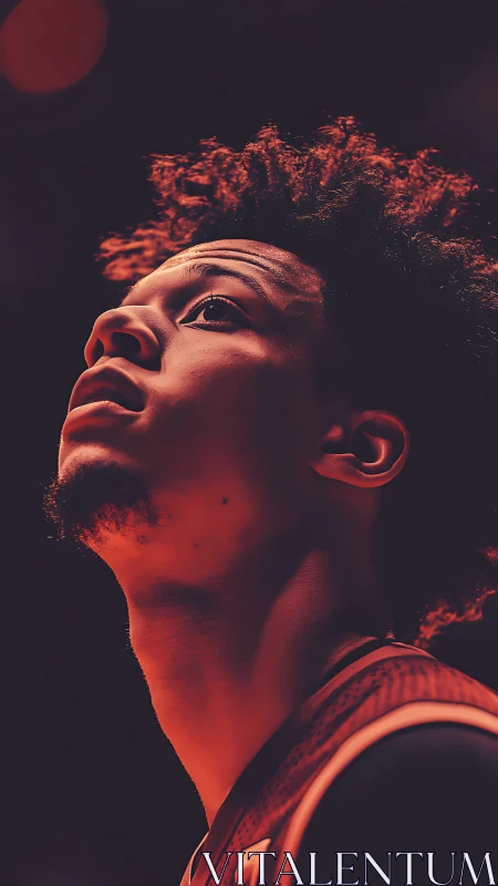 Upward-lit basketball portrait in dramatic orange glow.
