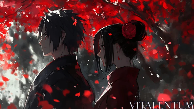 Dual silhouettes beneath crimson foliage in anime style.