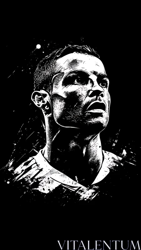 Monochrome football portrait in stark graphic contrast.