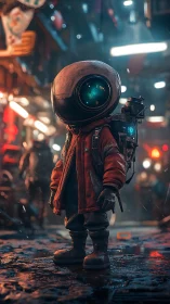 Child astronaut in neon alleyway rendered as cinematic 3D