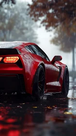 Red sports coupe on wet urban street in autumn rain.
