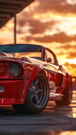 Red classic muscle car parked at sunset on wet asphalt.