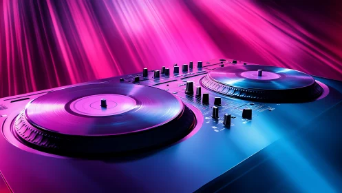 DJ controller sits under neon pink and blue studio lighting