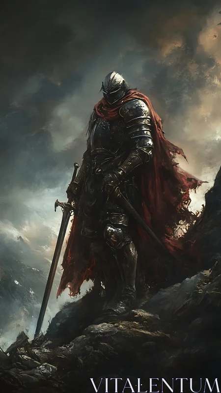 Armored knight stands vigilant under storm-laden sky