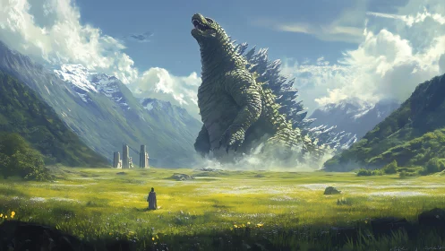 Gentle giant awakens in a sunlit valley of mist and awe.