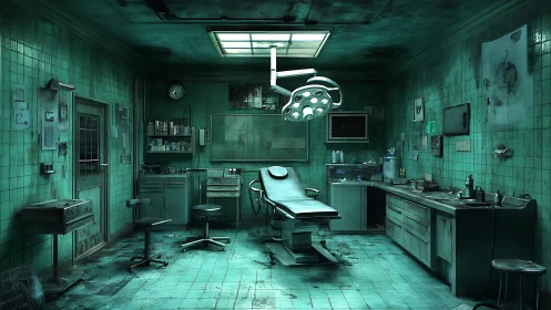 Degraded surgical theatre with corroded tiles and failing overhead lamp