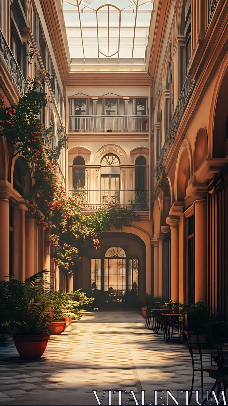 Sunlit arcade quietly brews a garden of drifting shadows