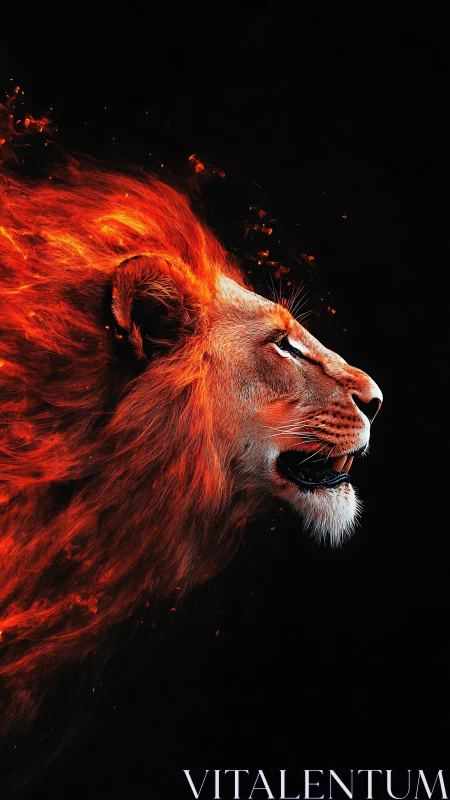 Fiery lion profile blazes with power against dark void