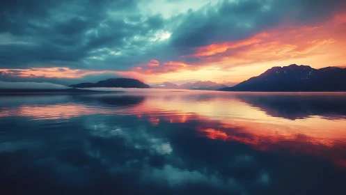 Panoramic alpine lake at dusk with mirrored chromatic sky