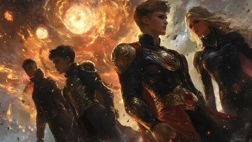 Solar-forged guardians stride beneath a burning cosmic sky.