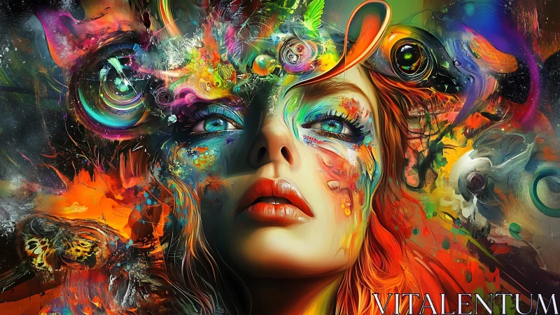 Surreal digital portrait of woman in multicolor abstract field.
