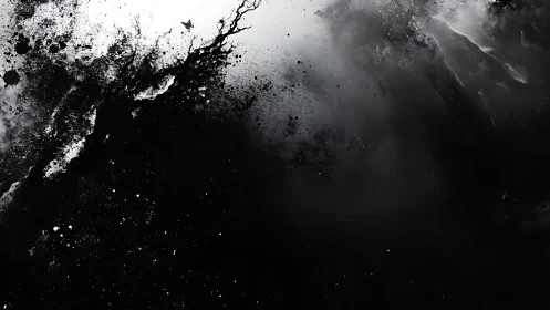 Monochrome abstract ink dispersion on dark gradient field.