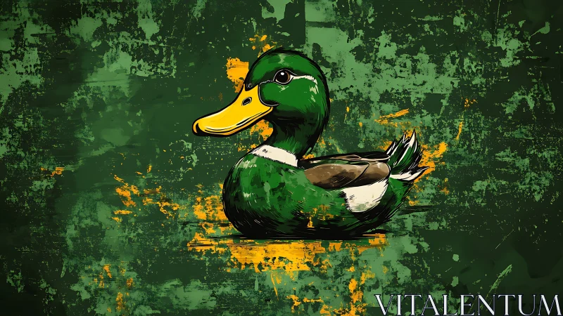 Gentle green duck resting against bold painterly splashes.
