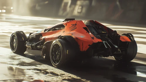 Scarred neon racer waits in sunlit industrial hush.