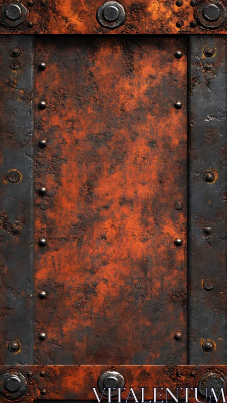 Rusted metal door panel with bolts and dark steel frame.