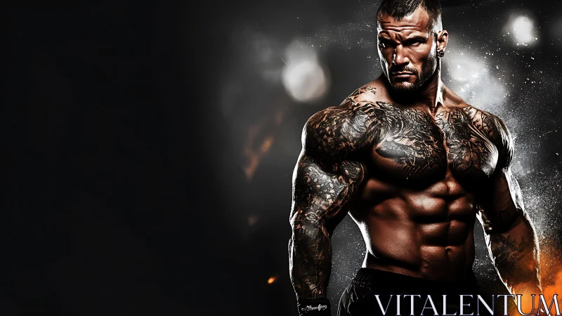 Powerful tattooed bodybuilder stands strong in dramatic light