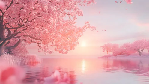 Soft dawn light bathes peaceful pink blossom trees by water