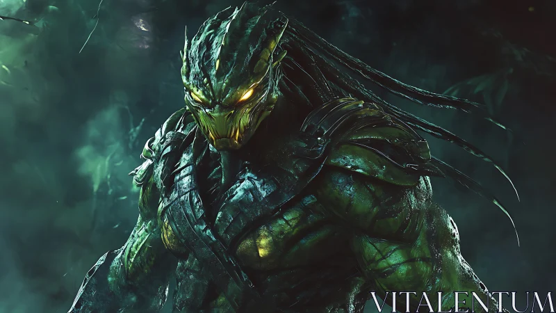 Bioluminescent reptilian warrior in misted jungle environment