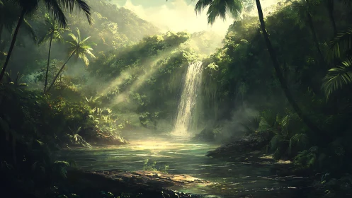 Tropical waterfall cascading through rainforest canopy with light rays