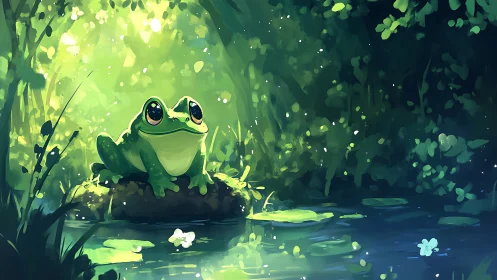 Radiant green frog observes dappled forest pond light