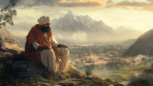 Turbaned sage overlooking sunlit valley city and alpine peaks