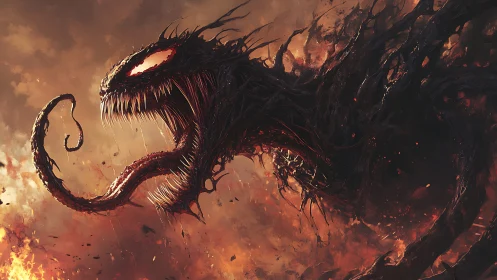 Demonic symbiote lunges through burning smoke filled sky