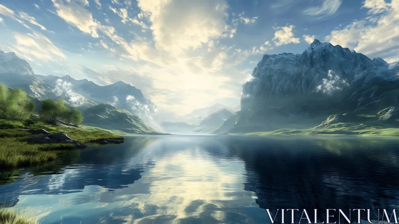 Peaceful mountain lake glowing beneath soft morning light.