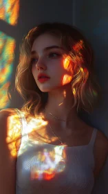 Young woman rendered in refracted multicolor window light